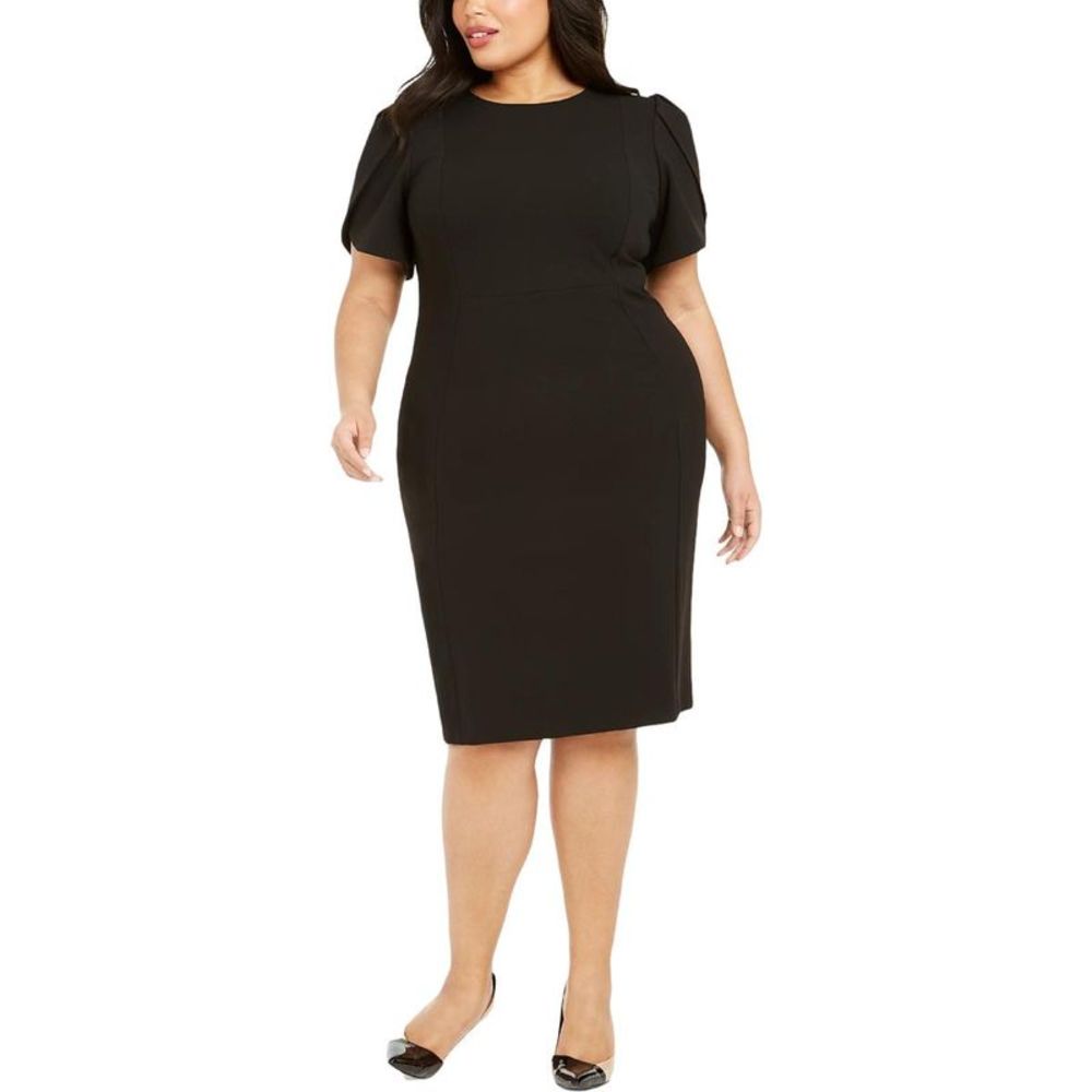Calvin Klein Womens Black Panel Tulip Sleeves Midi Sheath Dress Plus NWT
